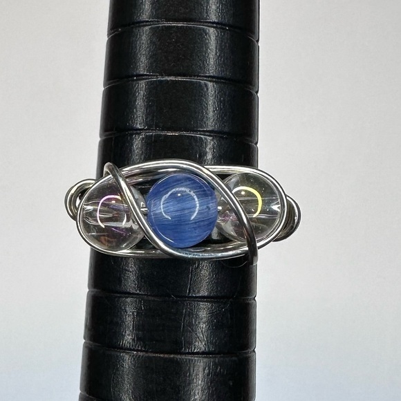 Blue ring clear iridescent glass beads silver color wire wrap handmade - Picture 1 of 5